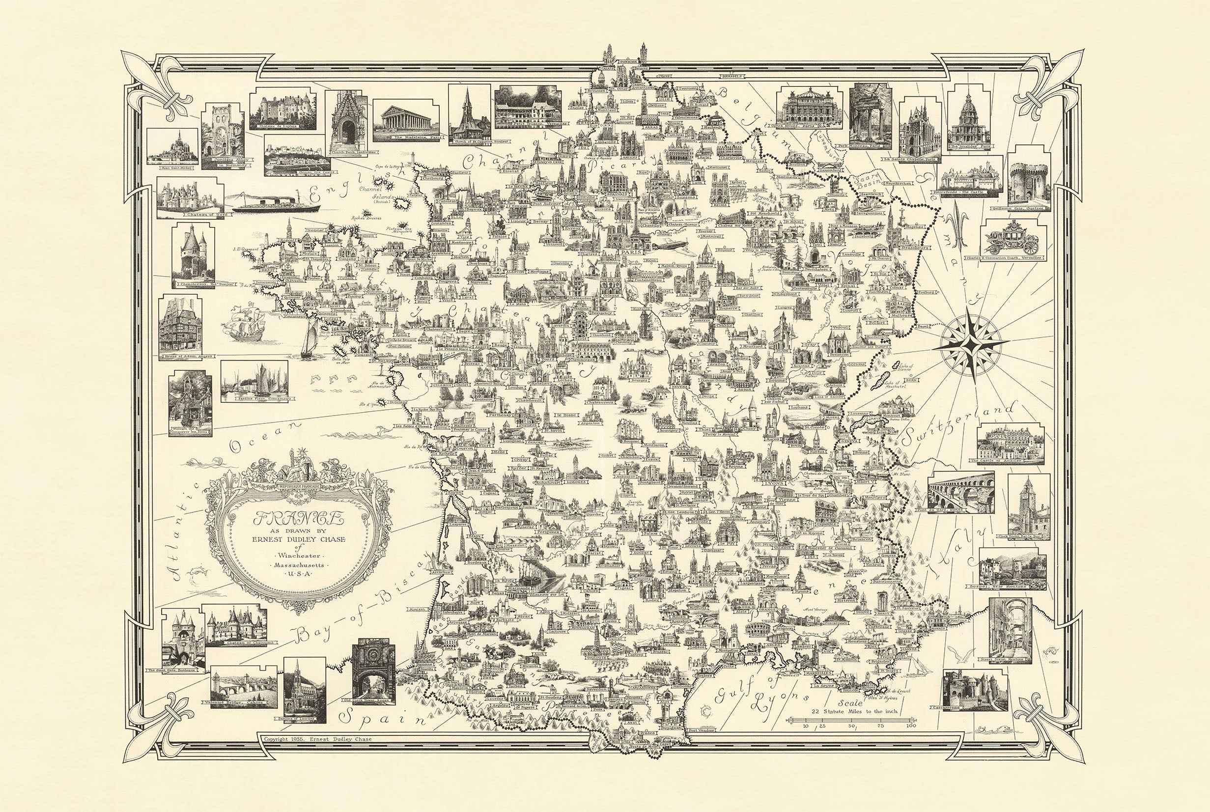 France Pictorial Map Poster (1935) - Vintage French Landmarks Wall Art